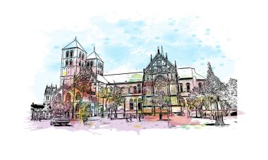 Print Building view of Munster, Almanya 'nın batısında yer alan bir şehirdir. Vektörde elle çizilmiş resim ile suluboya sıçraması.