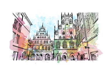 Print Building view of Munster, Almanya 'nın batısında yer alan bir şehirdir. Vektörde elle çizilmiş resim ile suluboya sıçraması.