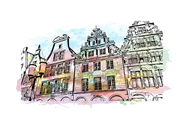 Print Building view of Munster, Almanya 'nın batısında yer alan bir şehirdir. Vektörde elle çizilmiş resim ile suluboya sıçraması.