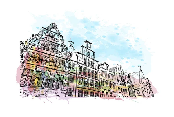 Print Building view of Munster, Almanya 'nın batısında yer alan bir şehirdir. Vektörde elle çizilmiş resim ile suluboya sıçraması.