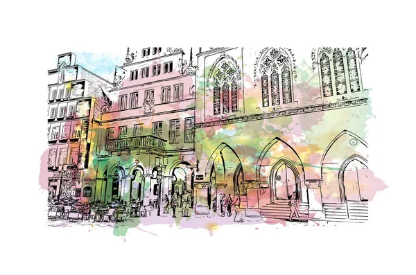 Print Building view of Munster, Almanya 'nın batısında yer alan bir şehirdir. Vektörde elle çizilmiş resim ile suluboya sıçraması.