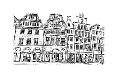Print Building view of Munster, Almanya 'nın batısında yer alan bir şehirdir. Vektörde elle çizilmiş çizim çizimi.