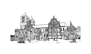 Print Building view of Munster, Almanya 'nın batısında yer alan bir şehirdir. Vektörde elle çizilmiş çizim çizimi.