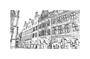 Print Building view of Munster, Almanya 'nın batısında yer alan bir şehirdir. Vektörde elle çizilmiş çizim çizimi.