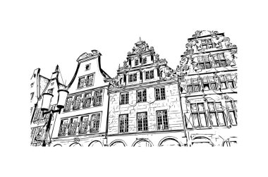 Print Building view of Munster, Almanya 'nın batısında yer alan bir şehirdir. Vektörde elle çizilmiş çizim çizimi.