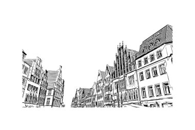 Print Building view of Munster, Almanya 'nın batısında yer alan bir şehirdir. Vektörde elle çizilmiş çizim çizimi.