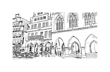 Print Building view of Munster, Almanya 'nın batısında yer alan bir şehirdir. Vektörde elle çizilmiş çizim çizimi.