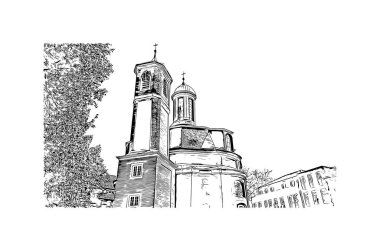 Print Building view of Munster, Almanya 'nın batısında yer alan bir şehirdir. Vektörde elle çizilmiş çizim çizimi.