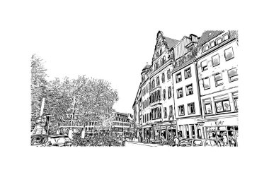 Print Building view of Munster, Almanya 'nın batısında yer alan bir şehirdir. Vektörde elle çizilmiş çizim çizimi.