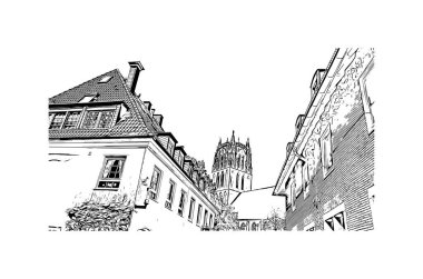 Print Building view of Munster, Almanya 'nın batısında yer alan bir şehirdir. Vektörde elle çizilmiş çizim çizimi.