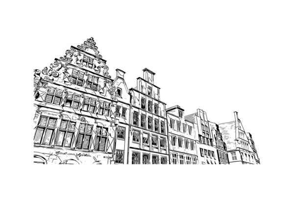 Print Building View Landmark Munster Stad Västra Tyskland Handritad Skiss — Stock vektor