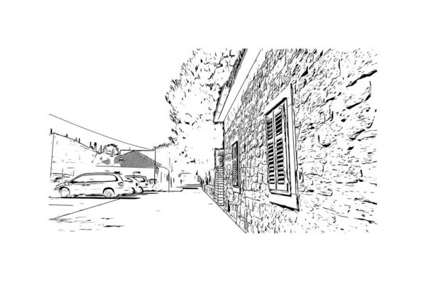 Print Building View Landmark Murter Island Croatia Desenho Desenhado Mão — Vetor de Stock