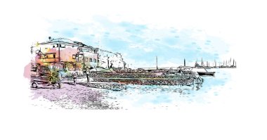 Hırvatistan 'da Murter' in tarihi yapısına sahip Print Building manzarası yer alıyor. Vektörde elle çizilmiş resim ile suluboya sıçraması.