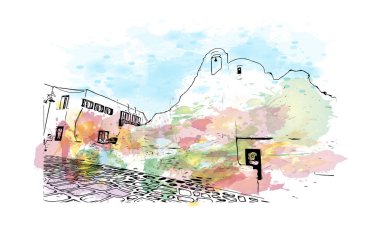 Mikonos 'un simgesi olan Print Building manzarası Yunanistan' daki adadır. Vektörde elle çizilmiş resim ile suluboya sıçraması.