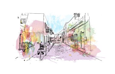 Mikonos 'un simgesi olan Print Building manzarası Yunanistan' daki adadır. Vektörde elle çizilmiş resim ile suluboya sıçraması.