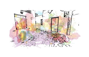 Mikonos 'un simgesi olan Print Building manzarası Yunanistan' daki adadır. Vektörde elle çizilmiş resim ile suluboya sıçraması.