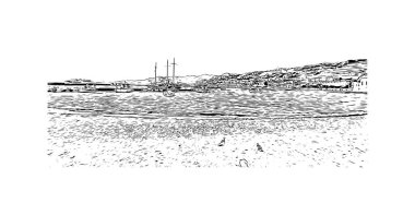 Mikonos 'un simgesi olan Print Building manzarası Yunanistan' daki adadır. Vektörde elle çizilmiş çizim çizimi.