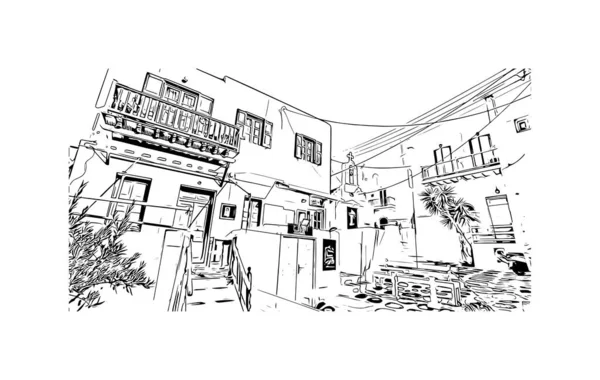Print Vue Sur Bâtiment Avec Point Repère Mykonos Est Île — Image vectorielle