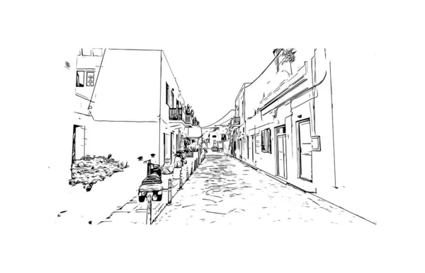Vytisknout Pohled Budovu Orientačním Bodem Mykonos Ostrovem Řecku Ručně Kreslená — Stockový vektor