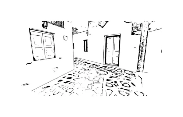 Stampa Vista Edificio Con Punto Riferimento Mykonos Isola Grecia Illustrazione — Vettoriale Stock