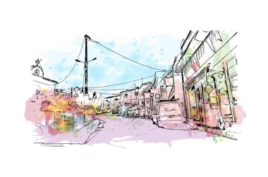 Mytilene 'in simgesi olan Print Building View, Lesbos' un başkentidir. Vektörde elle çizilmiş resim ile suluboya sıçraması.