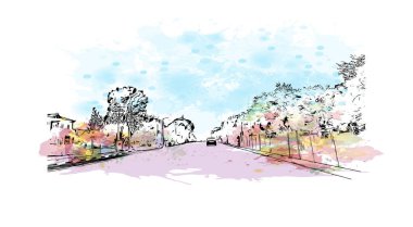 Mytilene 'in simgesi olan Print Building View, Lesbos' un başkentidir. Vektörde elle çizilmiş resim ile suluboya sıçraması.