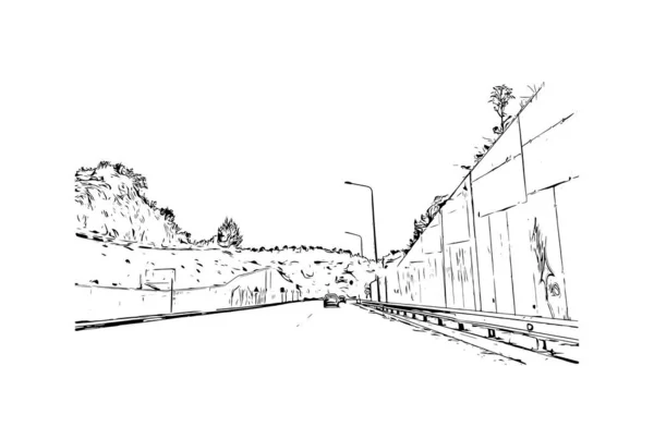 莱斯伯斯的首府是印制电路大楼和迈蒂林地标 矢量手绘草图 — 图库矢量图片