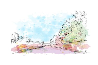 Mytilene 'in simgesi olan Print Building View, Lesbos' un başkentidir. Vektörde elle çizilmiş resim ile suluboya sıçraması.