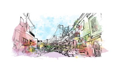 Mytilene 'in simgesi olan Print Building View, Lesbos' un başkentidir. Vektörde elle çizilmiş resim ile suluboya sıçraması.