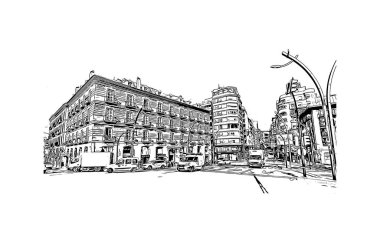 Murcia 'nın simgesi olan Print Building View, İspanya' nın başkentidir. Vektörde elle çizilmiş çizim çizimi.