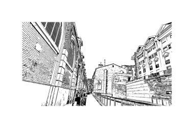 Murcia 'nın simgesi olan Print Building View, İspanya' nın başkentidir. Vektörde elle çizilmiş çizim çizimi.