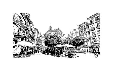 Murcia 'nın simgesi olan Print Building View, İspanya' nın başkentidir. Vektörde elle çizilmiş çizim çizimi.