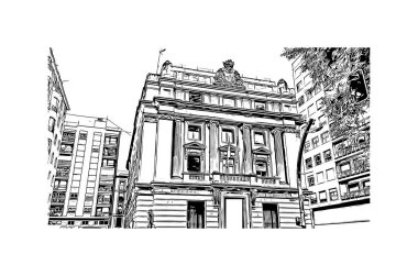 Murcia 'nın simgesi olan Print Building View, İspanya' nın başkentidir. Vektörde elle çizilmiş çizim çizimi.