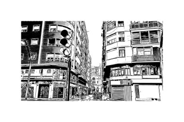 Murcia 'nın simgesi olan Print Building View, İspanya' nın başkentidir. Vektörde elle çizilmiş çizim çizimi.