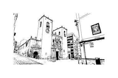 Murcia 'nın simgesi olan Print Building View, İspanya' nın başkentidir. Vektörde elle çizilmiş çizim çizimi.