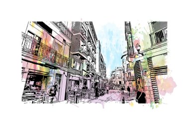 Murcia 'nın simgesi olan Print Building View, İspanya' nın başkentidir. Vektörde elle çizilmiş resim ile suluboya sıçraması.