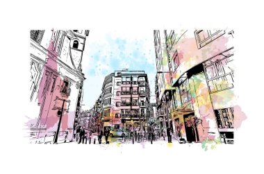 Murcia 'nın simgesi olan Print Building View, İspanya' nın başkentidir. Vektörde elle çizilmiş resim ile suluboya sıçraması.