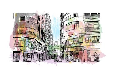 Murcia 'nın simgesi olan Print Building View, İspanya' nın başkentidir. Vektörde elle çizilmiş resim ile suluboya sıçraması.