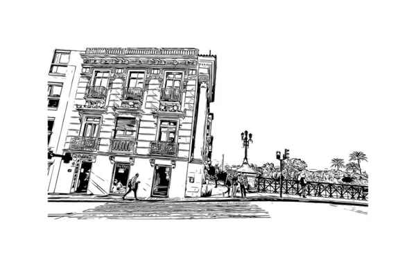 Print Building View Landmark Murcia City Spain Hand Drawn Sketch — Stock Vector