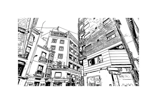 Print Building Vista Com Marco Múrcia Cidade Espanha Desenho Desenhado — Vetor de Stock