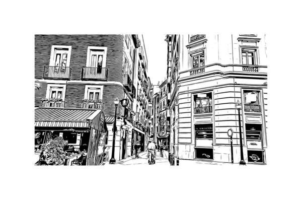 Print Building Vista Com Marco Múrcia Cidade Espanha Desenho Desenhado — Vetor de Stock