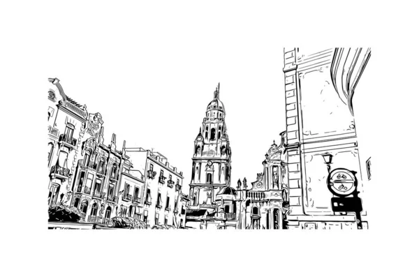 Murcia 'nın simgesi olan Print Building View, İspanya' nın başkentidir. Vektörde elle çizilmiş çizim çizimi.