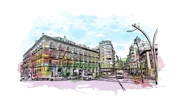 무시아 랜드마크가 스페인의 도시이다 벡터에 손으로 스케치 수채화 물보라 — 스톡 벡터