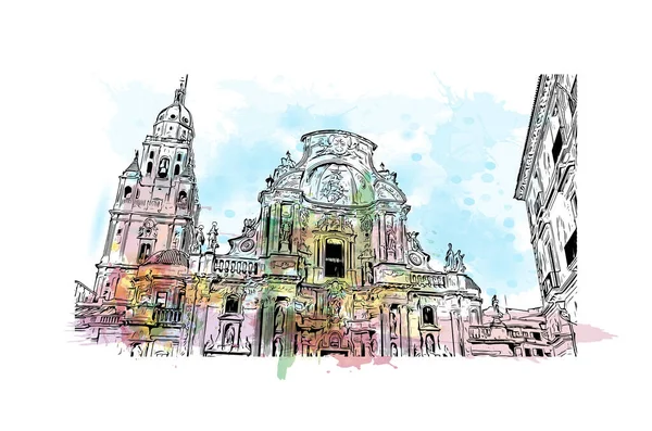 Print Building View Landmark Murcia City Spain Watercolor Splash Hand — Stock vektor