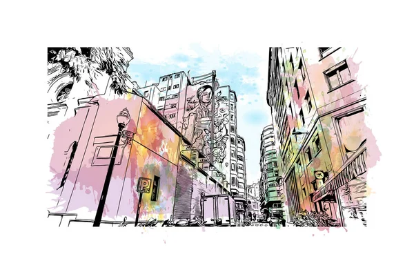 Vytisknout Pohled Budovu Orientačním Bodem Murcie Město Španělsku Akvarelové Stříknutí — Stockový vektor