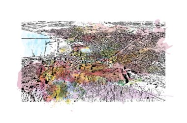 Print Building view with landmark of Nafplio is the city in Greece. Vektörde elle çizilmiş resim ile suluboya sıçraması