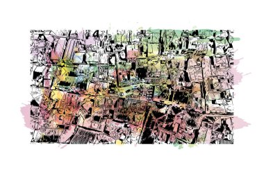 Print Building view with landmark of Nafplio is the city in Greece. Vektörde elle çizilmiş resim ile suluboya sıçraması