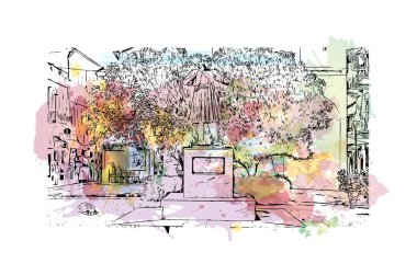 Print Building view with landmark of Nafplio is the city in Greece. Vektörde elle çizilmiş resim ile suluboya sıçraması.