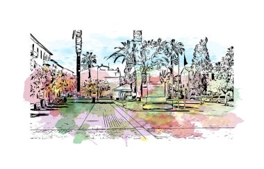 Print Building view with landmark of Nafplio is the city in Greece. Vektörde elle çizilmiş resim ile suluboya sıçraması.