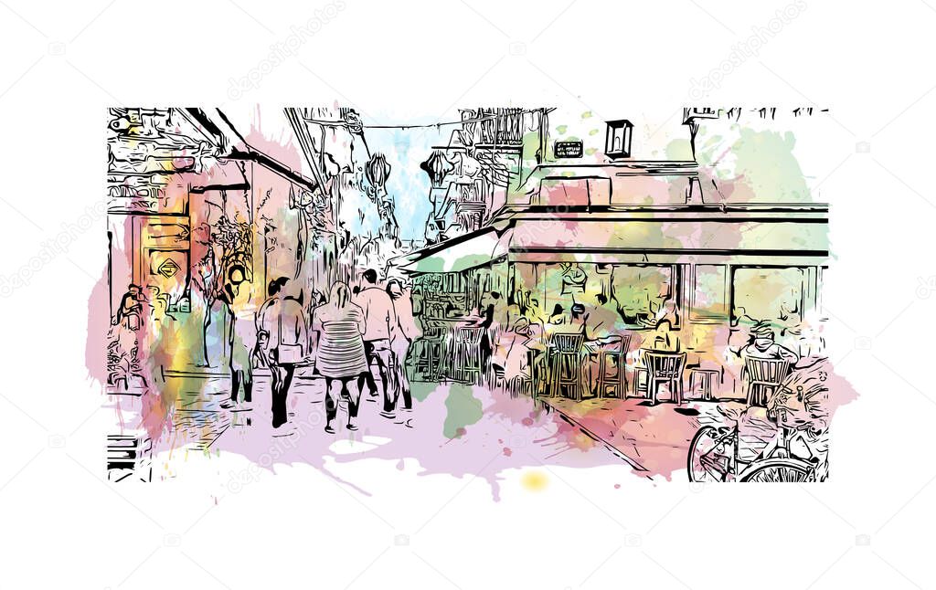 Print Building view with landmark of Nafplio is the city in Greece. Watercolor splash with hand drawn sketch illustration in vector